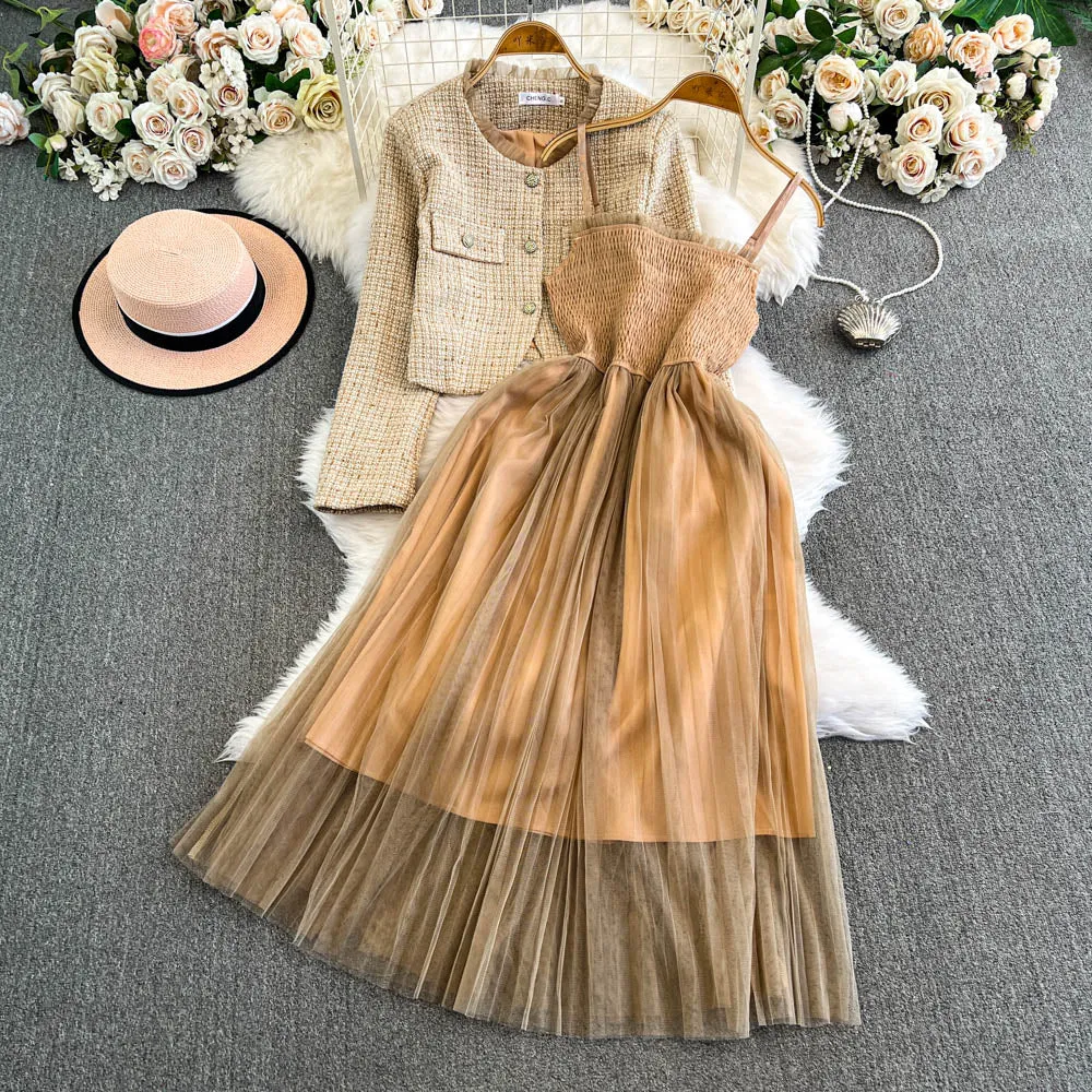 Tweed Cardigan&Mesh Slip Dress 2Pcs