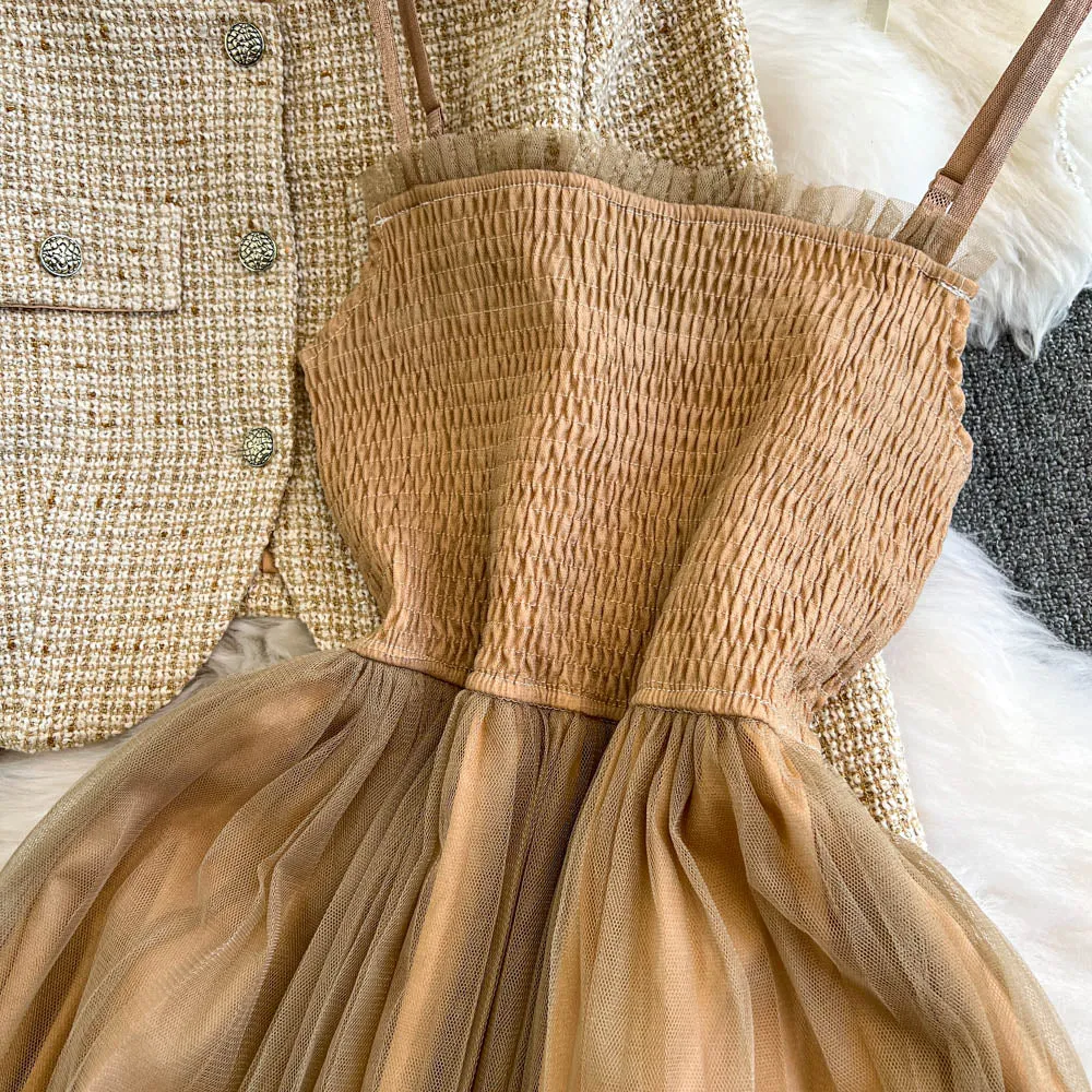 Tweed Cardigan&Mesh Slip Dress 2Pcs
