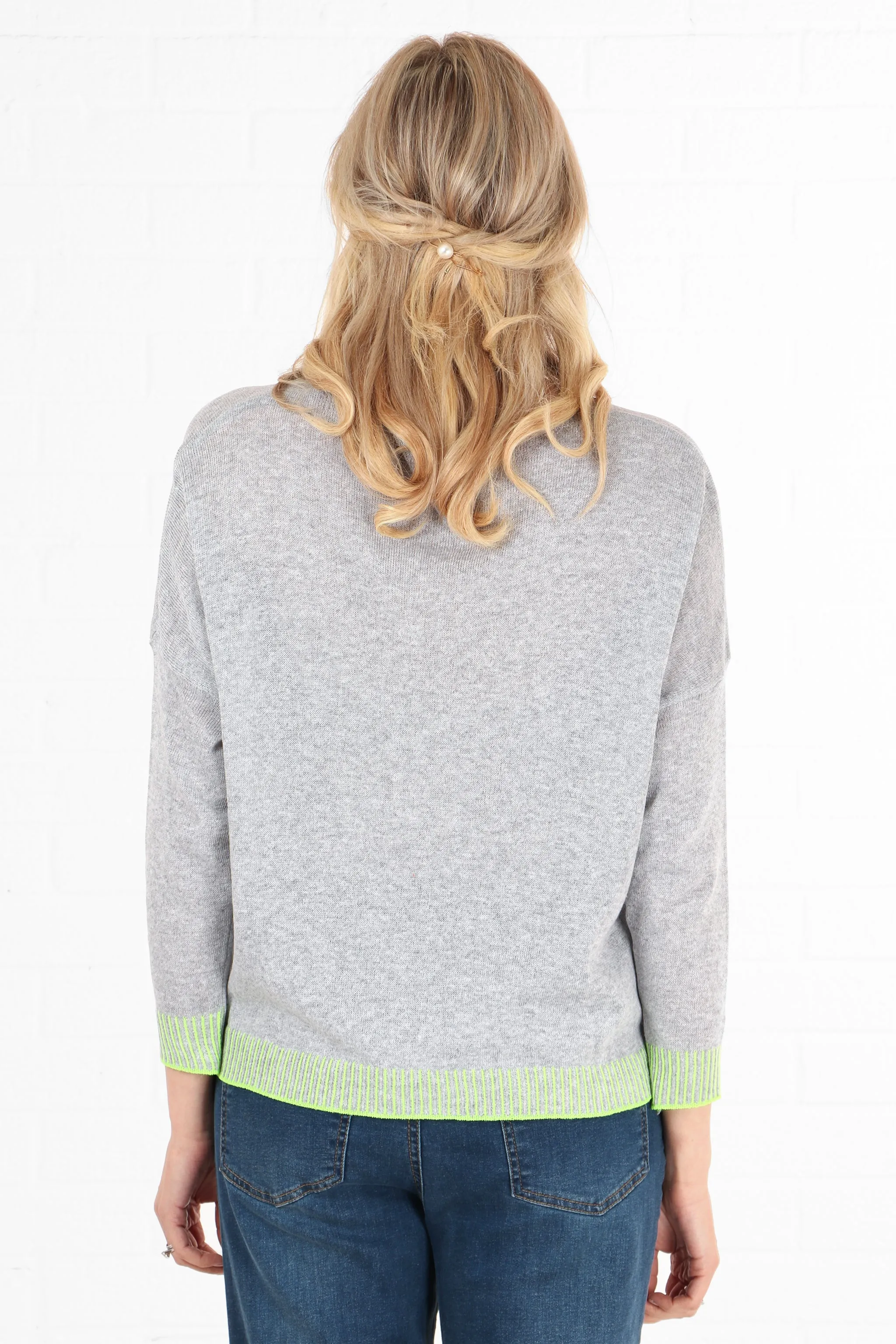 V-Neck Cotton Jumper Contrast Stitch Edge in Light Grey Lime Green