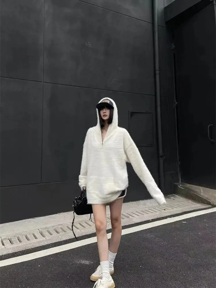 Vevesc White Mohair Hooded Sweaters Women Casual Oversized Zipper Knitted Pullovers Korean Style Long Sleeve Jumper Streetwear