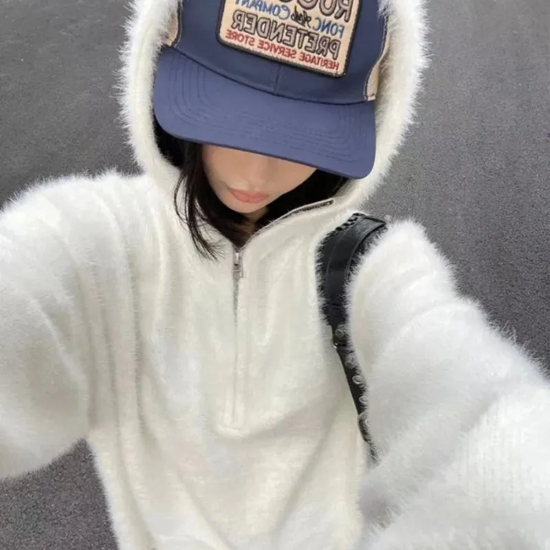 Vevesc White Mohair Hooded Sweaters Women Casual Oversized Zipper Knitted Pullovers Korean Style Long Sleeve Jumper Streetwear