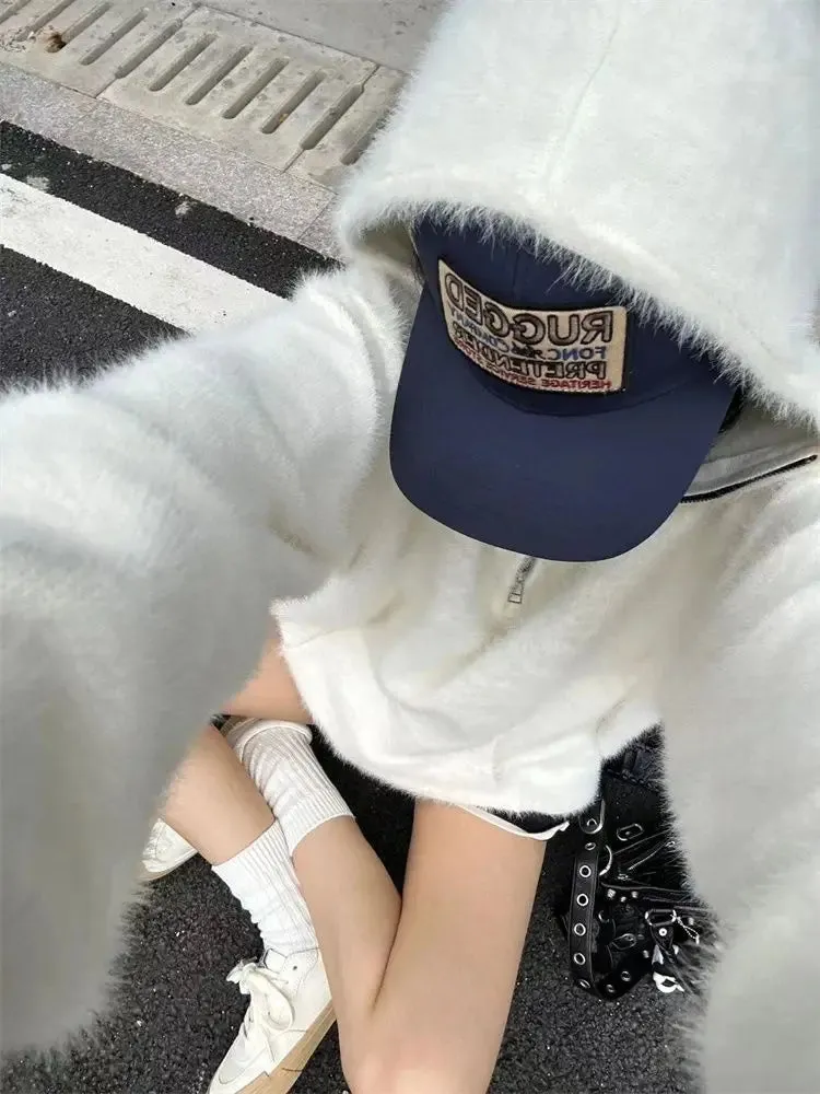 Vevesc White Mohair Hooded Sweaters Women Casual Oversized Zipper Knitted Pullovers Korean Style Long Sleeve Jumper Streetwear