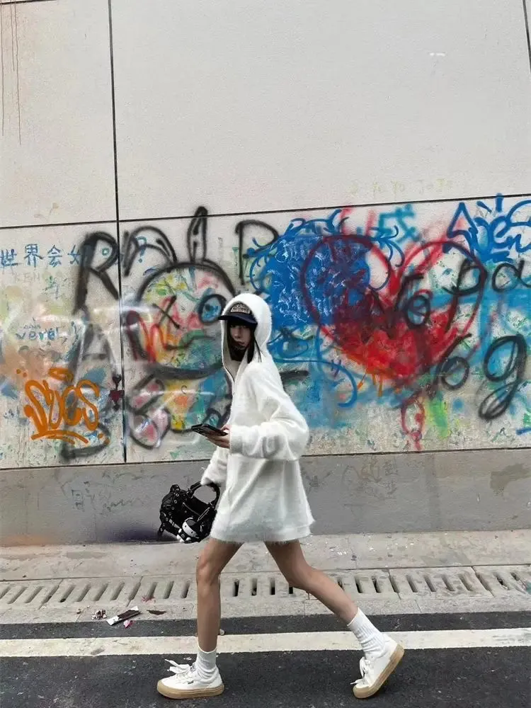 Vevesc White Mohair Hooded Sweaters Women Casual Oversized Zipper Knitted Pullovers Korean Style Long Sleeve Jumper Streetwear