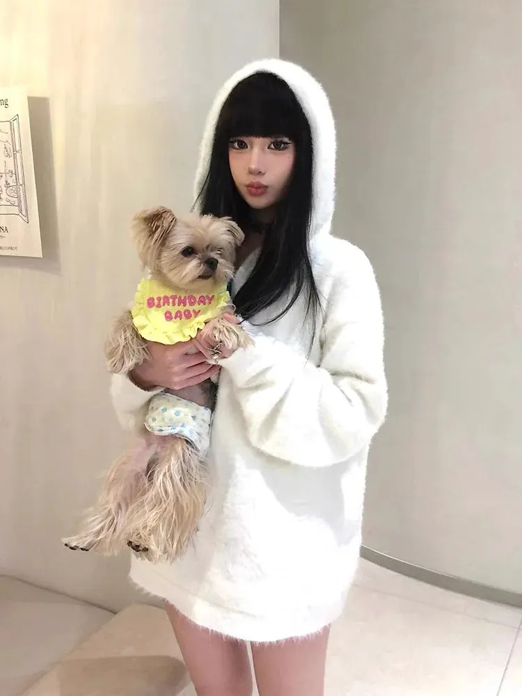 Vevesc White Mohair Hooded Sweaters Women Casual Oversized Zipper Knitted Pullovers Korean Style Long Sleeve Jumper Streetwear