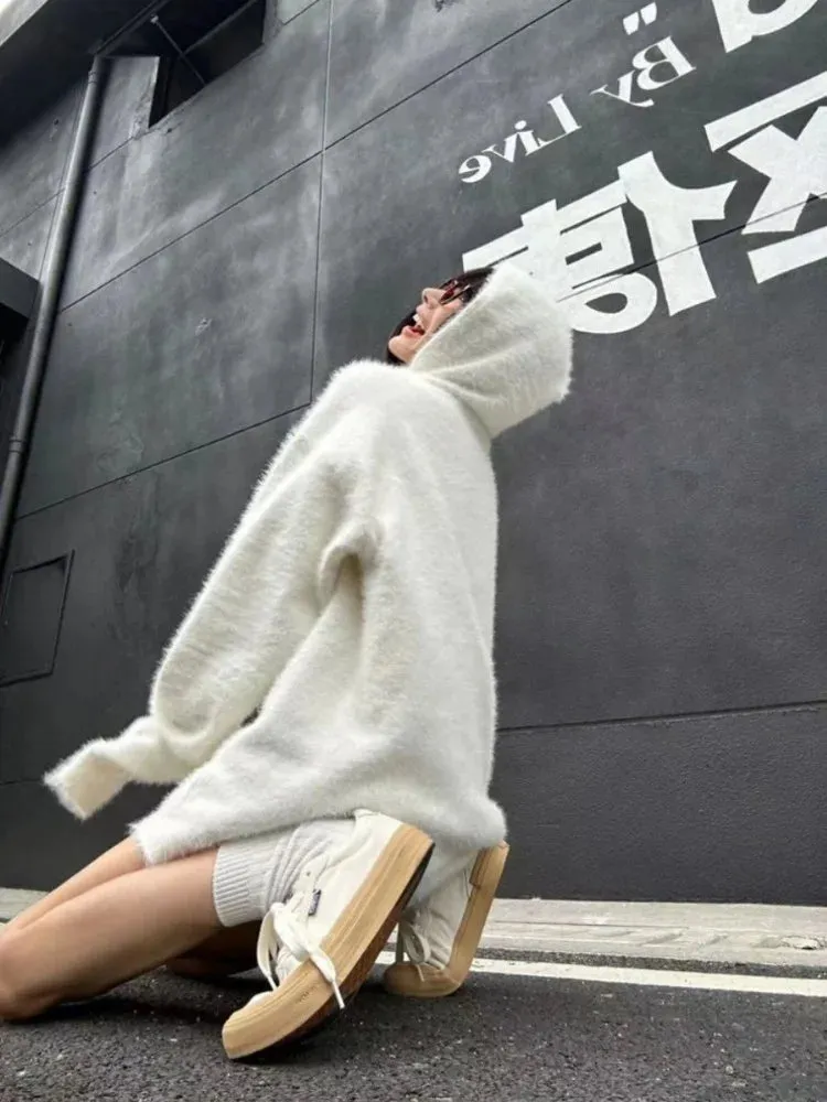 Vevesc White Mohair Hooded Sweaters Women Casual Oversized Zipper Knitted Pullovers Korean Style Long Sleeve Jumper Streetwear