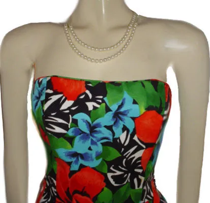 *VINTAGE A. J. BARI  STRAPLESS PARTY DRESS WITH CUT-OUT BACK WITH BOW ADORNED WITH RED ORCHIDS & TURQUOISE PLUMERIA