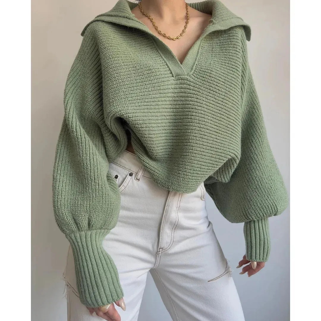 Vintage Turndown Collar Knit Women Jumper Pullover Streetwear Harajuku Loose Sweater