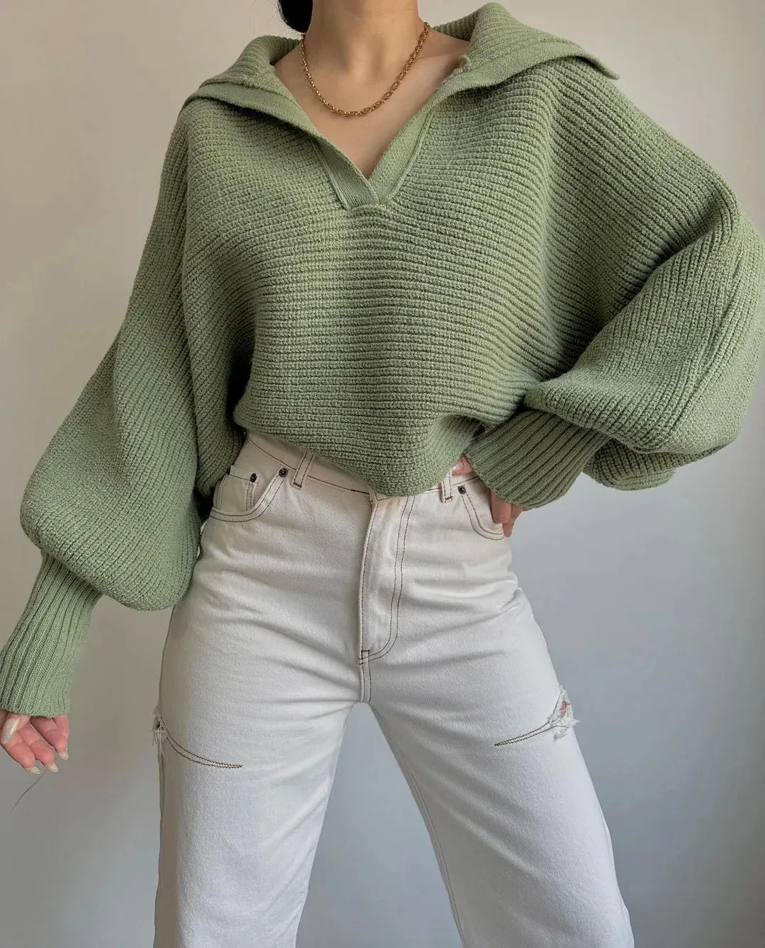 Vintage Turndown Collar Knit Women Jumper Pullover Streetwear Harajuku Loose Sweater