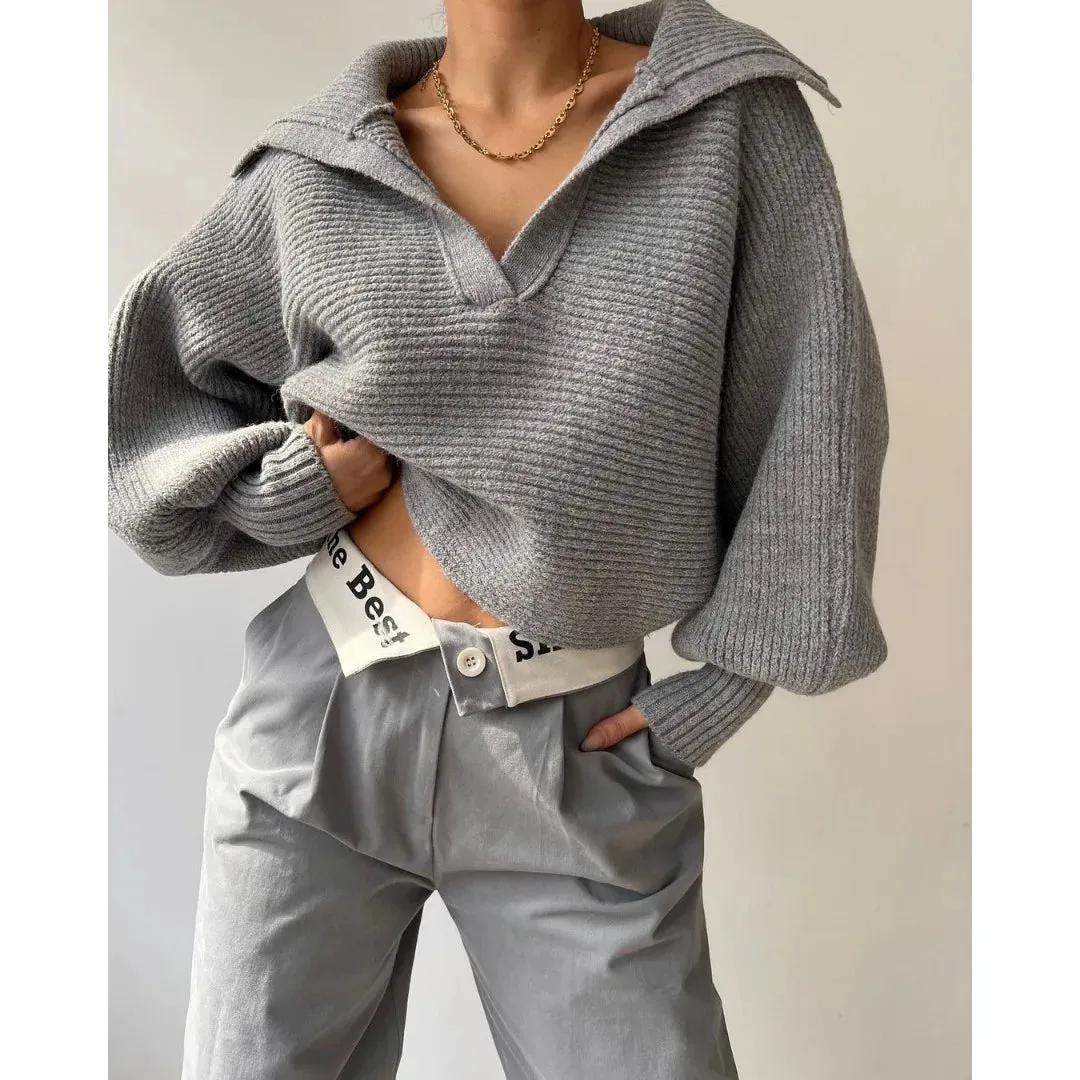 Vintage Turndown Collar Knit Women Jumper Pullover Streetwear Harajuku Loose Sweater