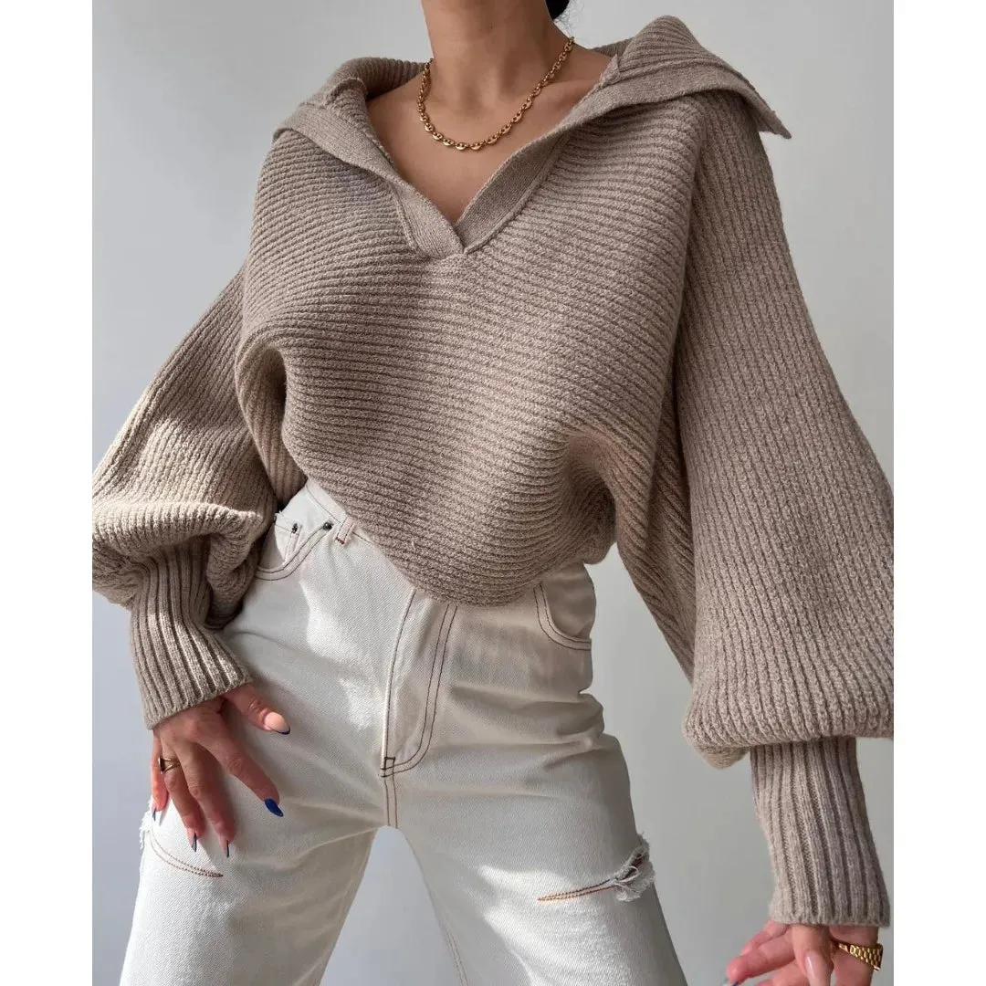 Vintage Turndown Collar Knit Women Jumper Pullover Streetwear Harajuku Loose Sweater