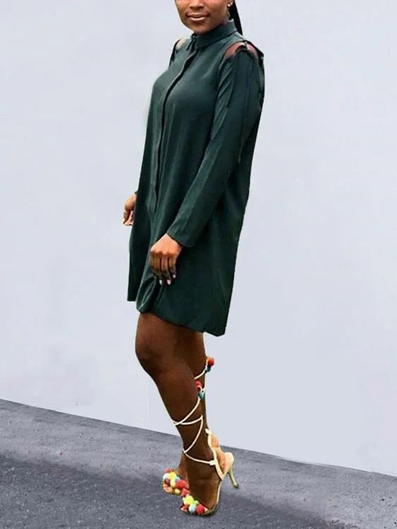 Wholesale Green Classic Collar Cold Shoulder Long Sleeve Lace-Up Cut Out Shirt Dress