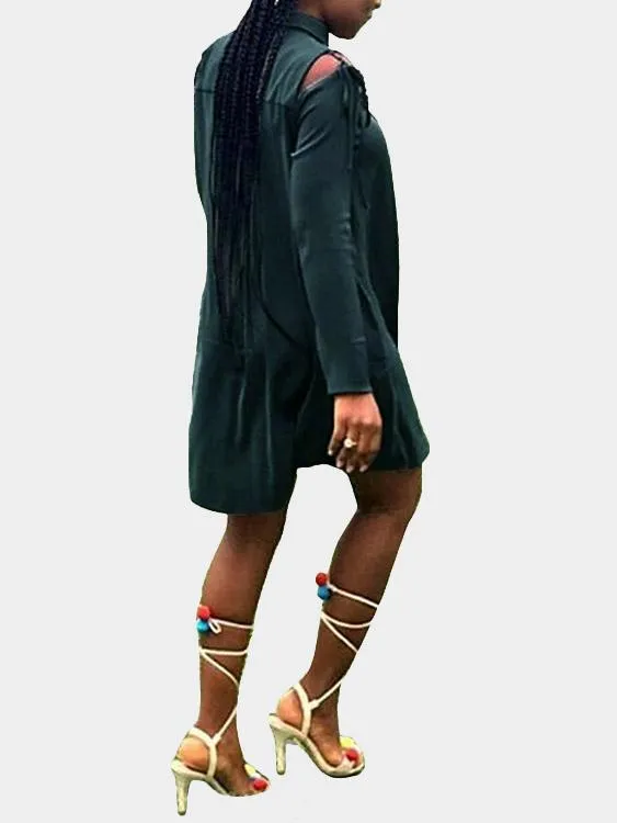 Wholesale Green Classic Collar Cold Shoulder Long Sleeve Lace-Up Cut Out Shirt Dress