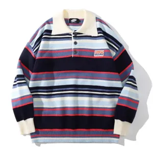 Wiaofellas  -  Striped Knitted Sweater Men Women Hip Hop Streetwear Color block Pullover Mens lapel Vintage Harajuku Loose Jumper Couple Retro