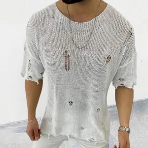 Wiaofellas  -  Vintage Knitting T Shirts Men Summer Short Sleeve O Neck Fashion Ripped Tee Streetwear Mens Leisure Solid Color Knit Jumper Tops