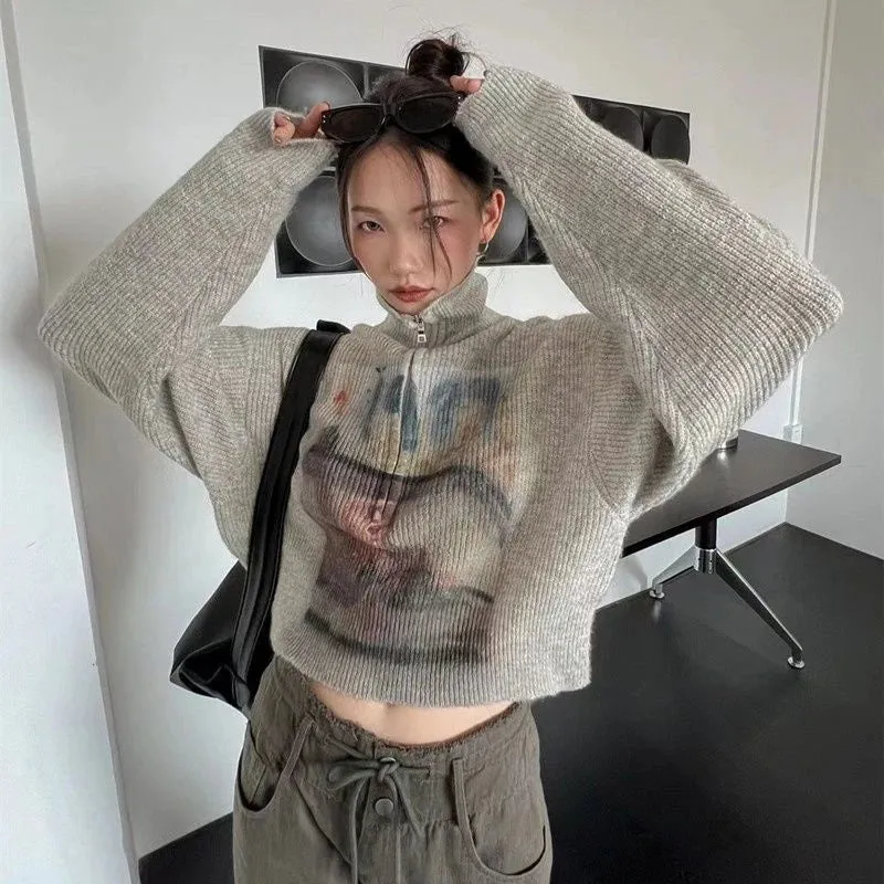 Wjczt Autumn Women Knitted Sweater American Retro Print Sexy Cropped Jumper Casual Streetwear Female Zipper Loose Pullover Tops