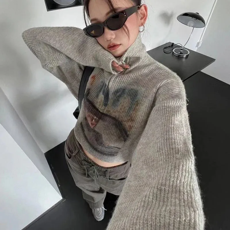 Wjczt Autumn Women Knitted Sweater American Retro Print Sexy Cropped Jumper Casual Streetwear Female Zipper Loose Pullover Tops