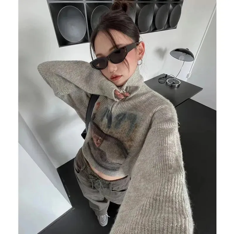 Wjczt Autumn Women Knitted Sweater American Retro Print Sexy Cropped Jumper Casual Streetwear Female Zipper Loose Pullover Tops