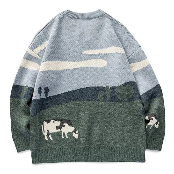 WLS Embroidered Vintage Cow Rounded Collar Sweater