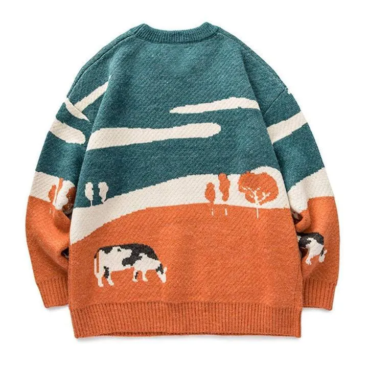 WLS Embroidered Vintage Cow Rounded Collar Sweater
