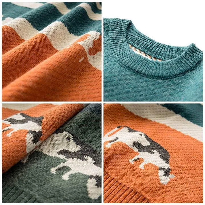 WLS Embroidered Vintage Cow Rounded Collar Sweater
