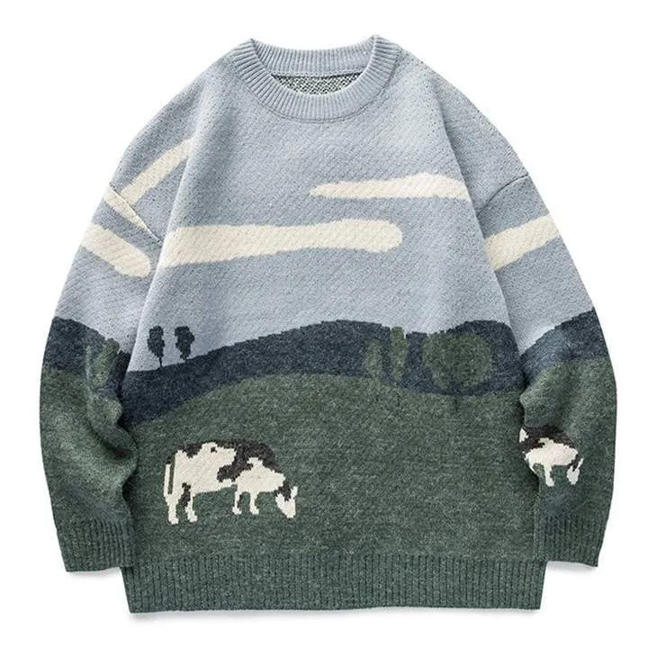 WLS Embroidered Vintage Cow Rounded Collar Sweater