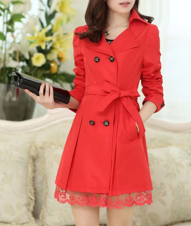 Women's Belt Double-Breasted Medium Long Thin Coat