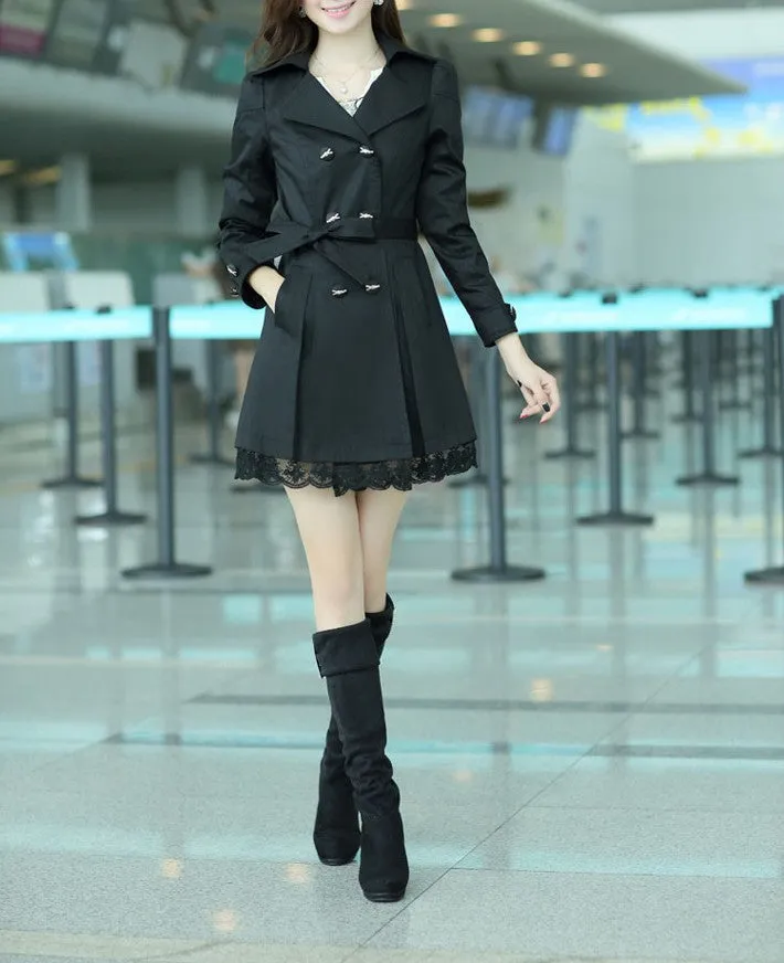 Women's Belt Double-Breasted Medium Long Thin Coat