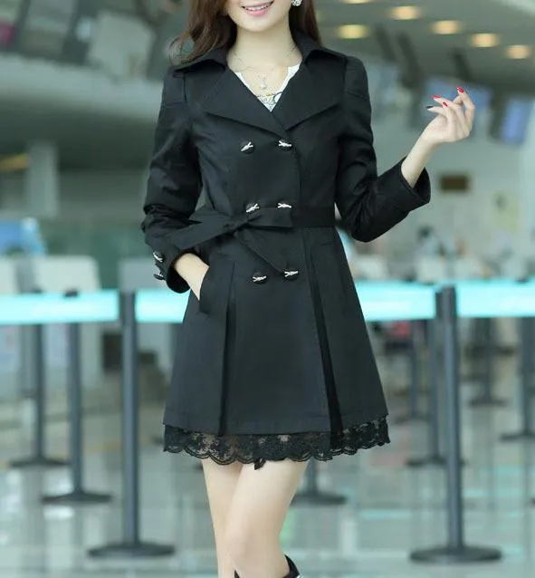 Women's Belt Double-Breasted Medium Long Thin Coat