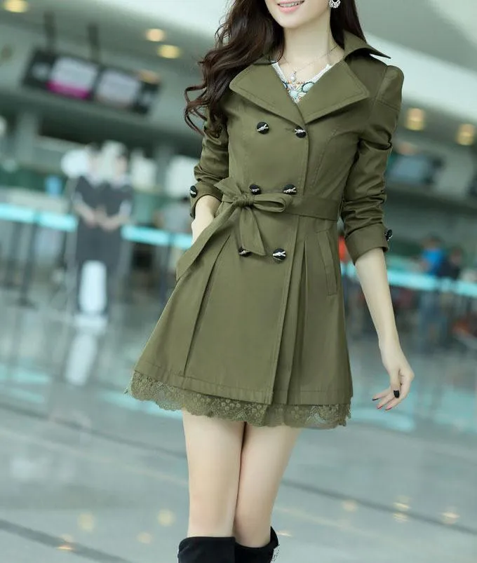 Women's Belt Double-Breasted Medium Long Thin Coat