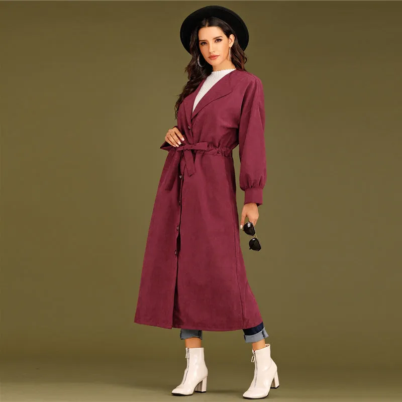 Women's Spring Casual Polyester Long-Sleeve Trench Coat With Buttons