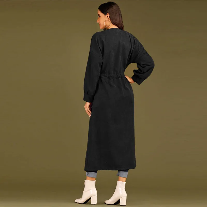 Women's Spring Casual Polyester Long-Sleeve Trench Coat With Buttons