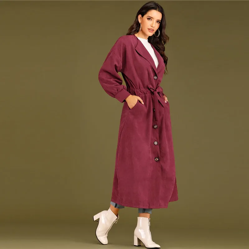 Women's Spring Casual Polyester Long-Sleeve Trench Coat With Buttons