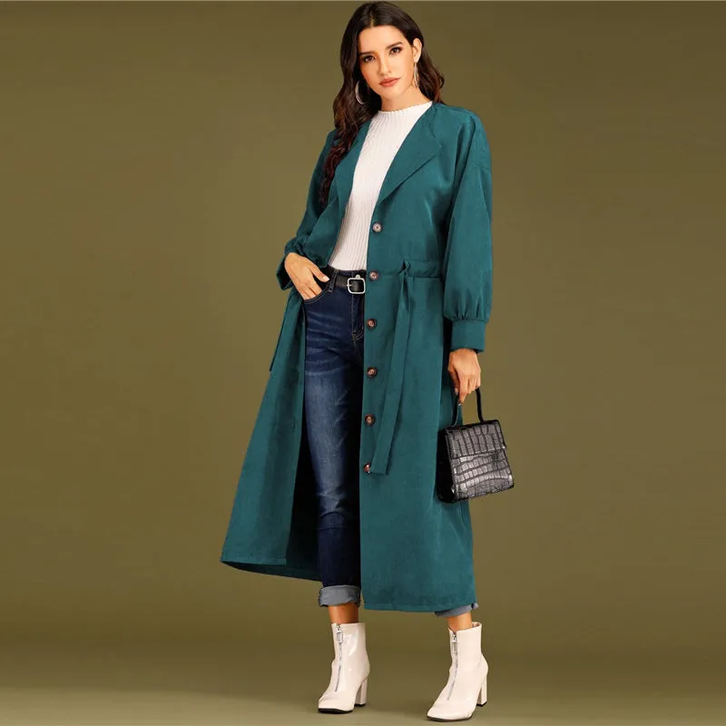 Women's Spring Casual Polyester Long-Sleeve Trench Coat With Buttons