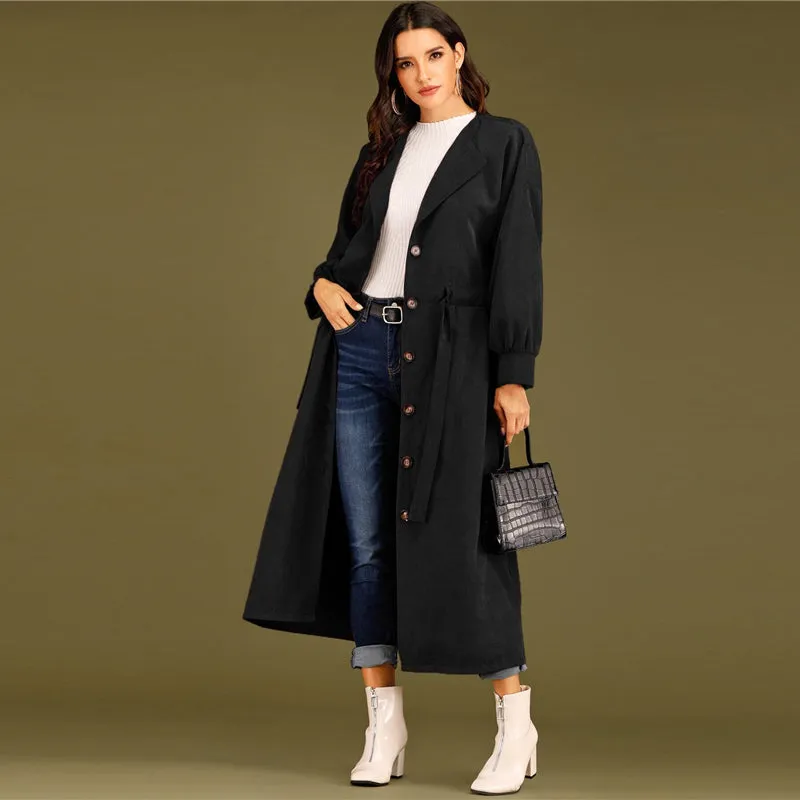 Women's Spring Casual Polyester Long-Sleeve Trench Coat With Buttons
