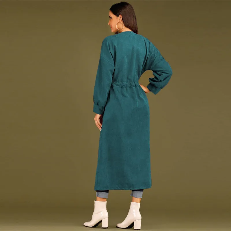 Women's Spring Casual Polyester Long-Sleeve Trench Coat With Buttons