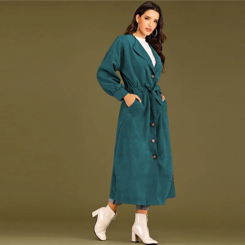 Women's Spring Casual Polyester Long-Sleeve Trench Coat With Buttons