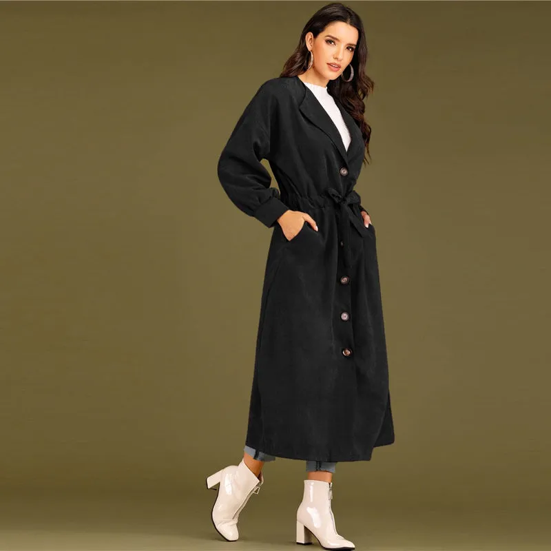 Women's Spring Casual Polyester Long-Sleeve Trench Coat With Buttons