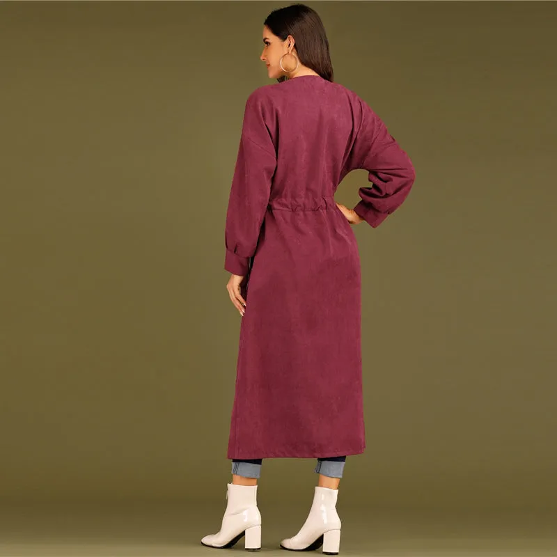 Women's Spring Casual Polyester Long-Sleeve Trench Coat With Buttons