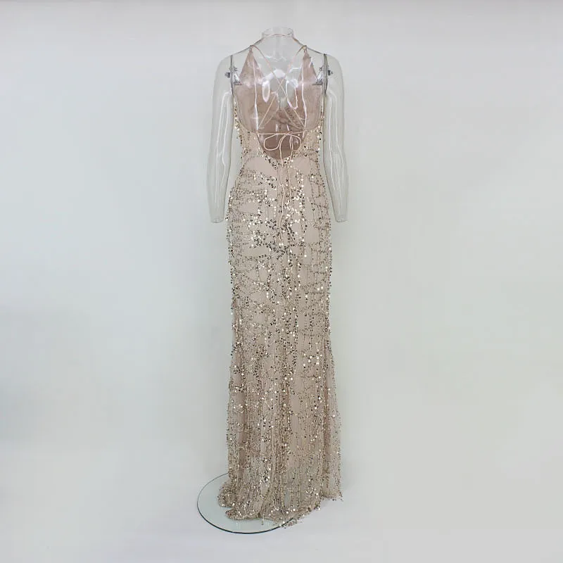Women's Summer Sequin V-Neck Long Dress With Tassels