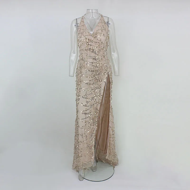 Women's Summer Sequin V-Neck Long Dress With Tassels