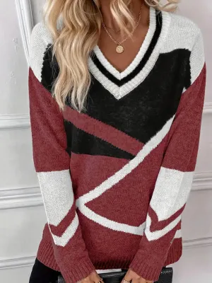 Women's Trendy Geometric Mixed Colour V-Neck Knitted Jumper | Ideal for Autumn/Winter