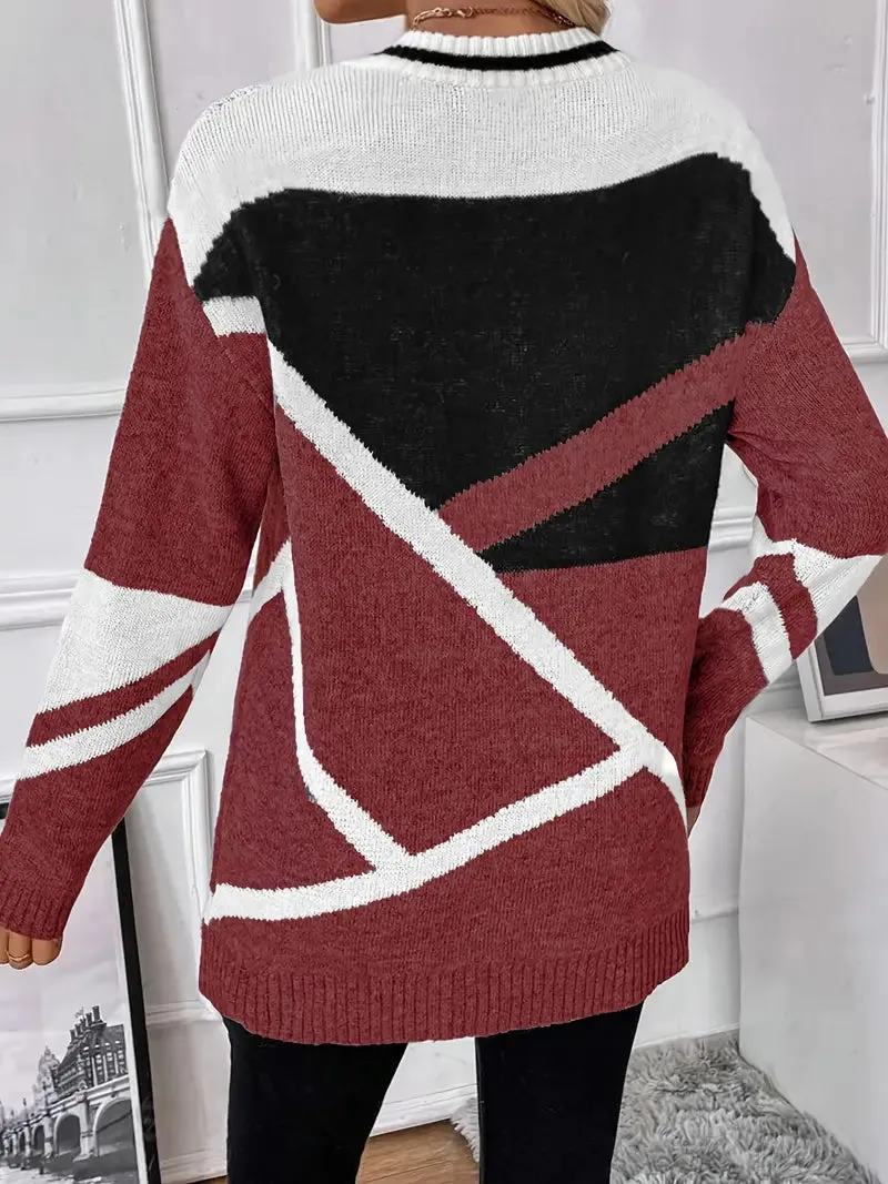 Women's Trendy Geometric Mixed Colour V-Neck Knitted Jumper | Ideal for Autumn/Winter