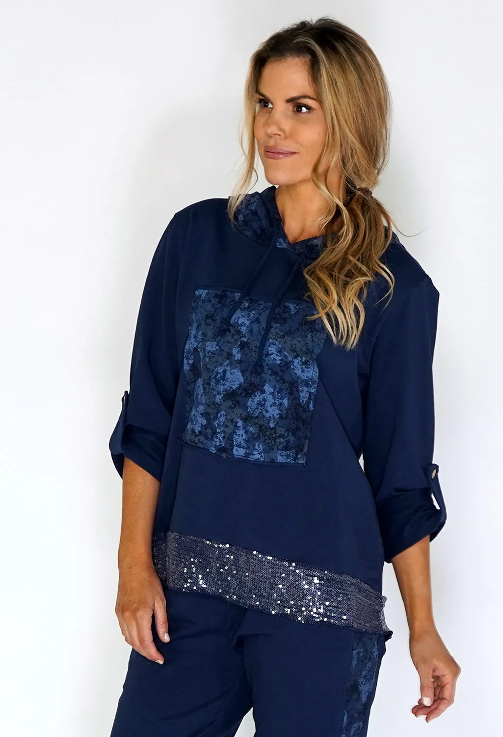 Zapara Navy Jumper with Glitter Hem and Camouflage Hood
