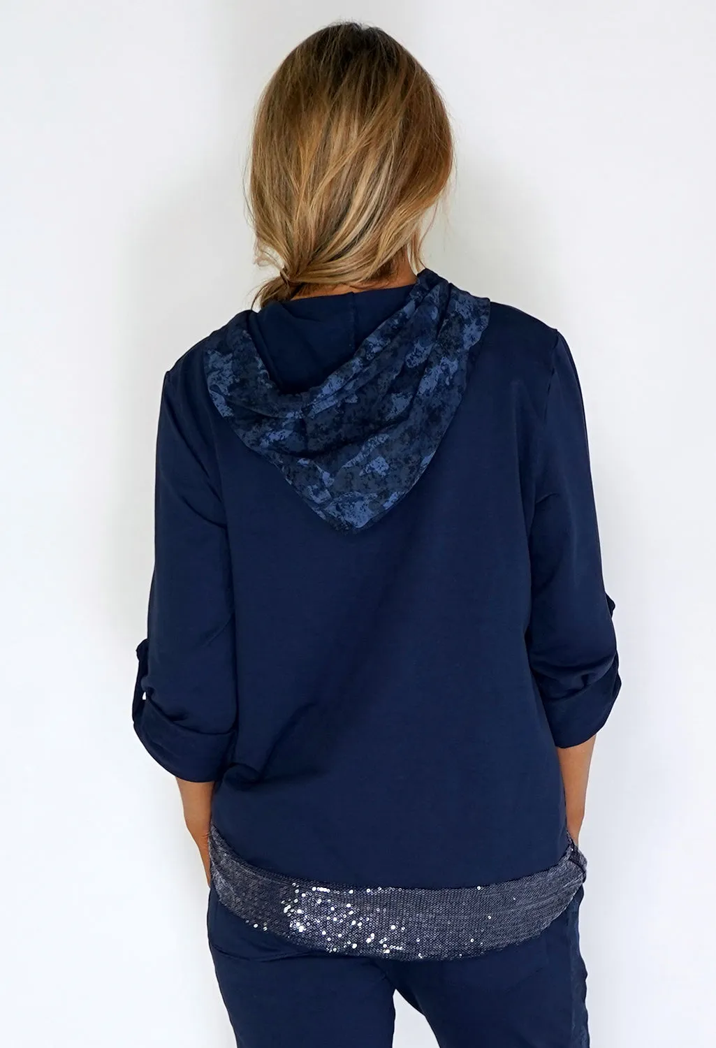Zapara Navy Jumper with Glitter Hem and Camouflage Hood