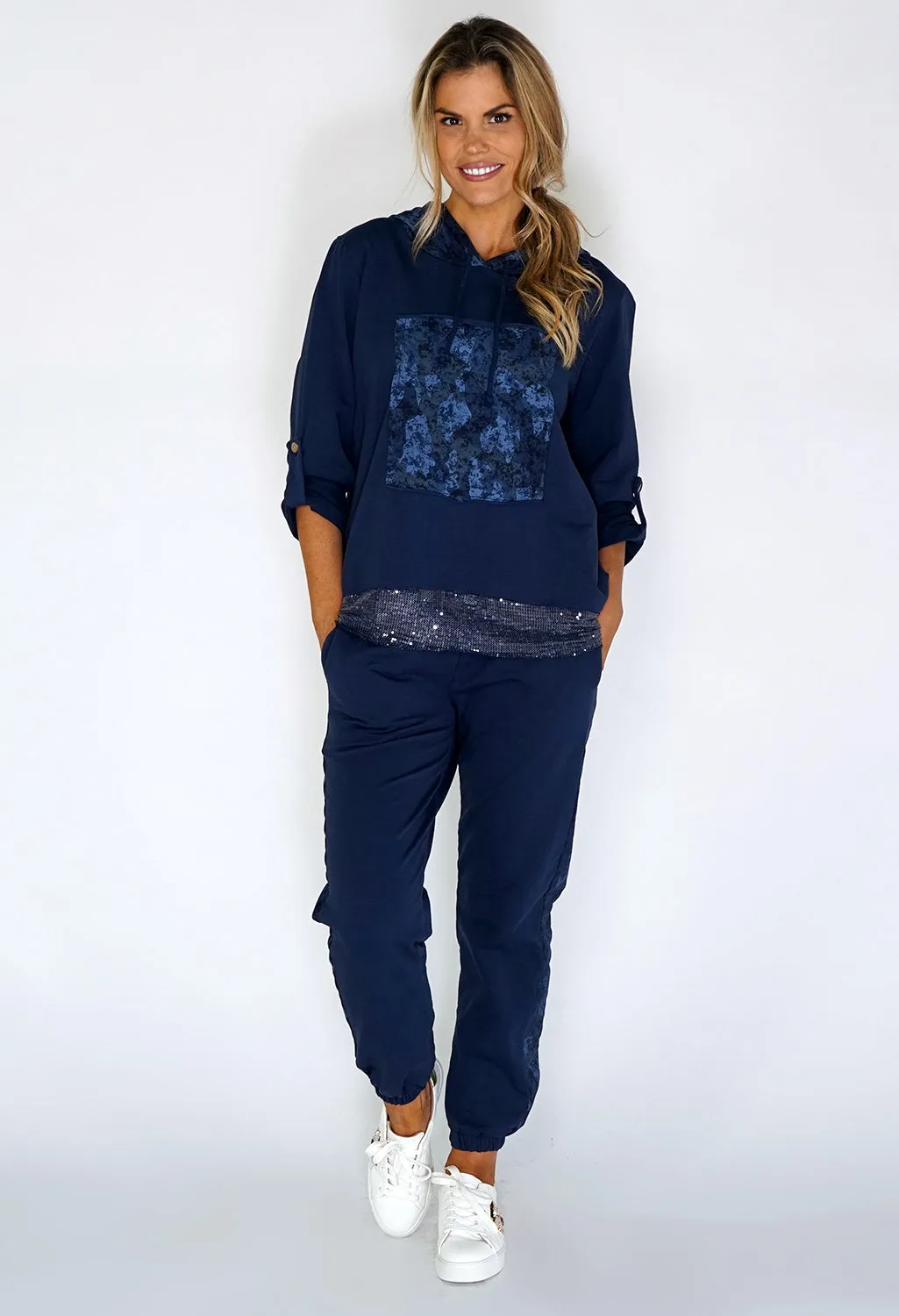 Zapara Navy Jumper with Glitter Hem and Camouflage Hood