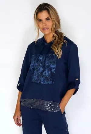Zapara Navy Jumper with Glitter Hem and Camouflage Hood