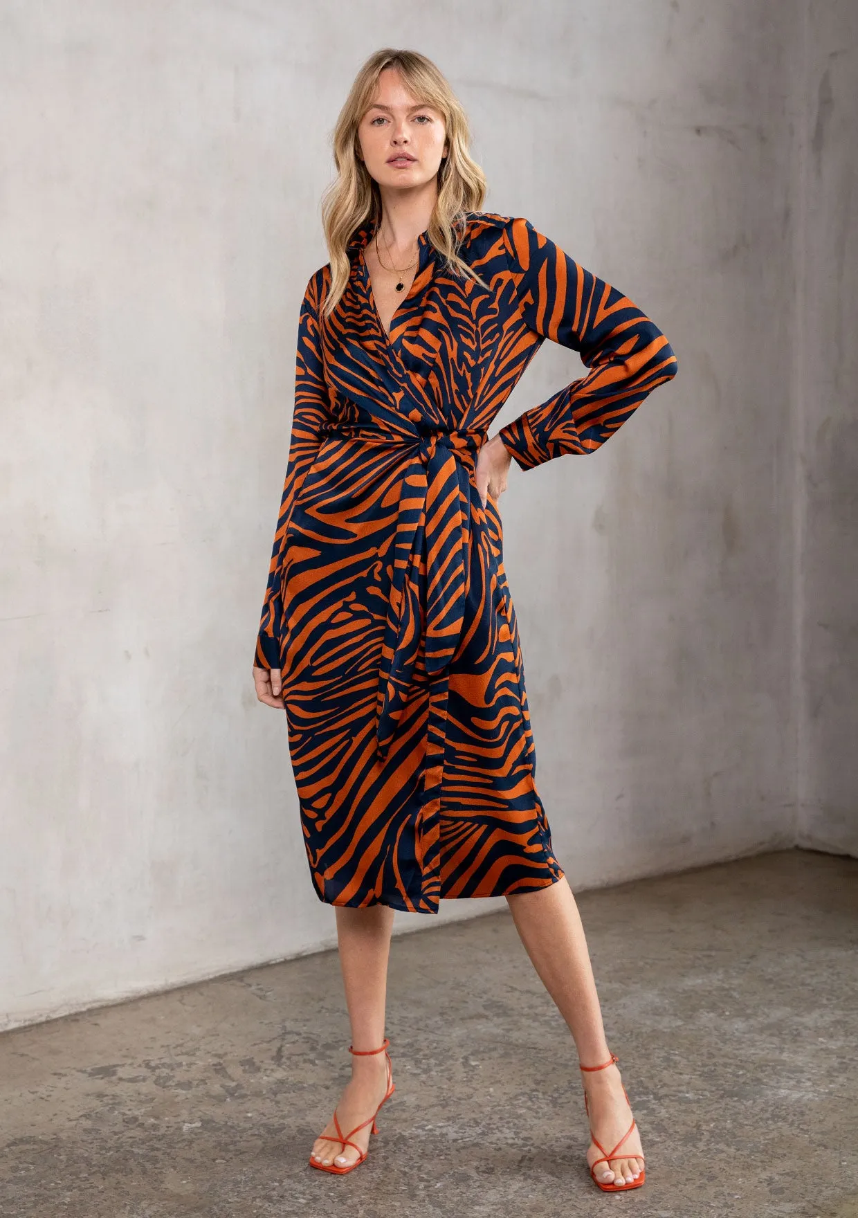Zebra Print Collared Long Sleeve Midi Dress