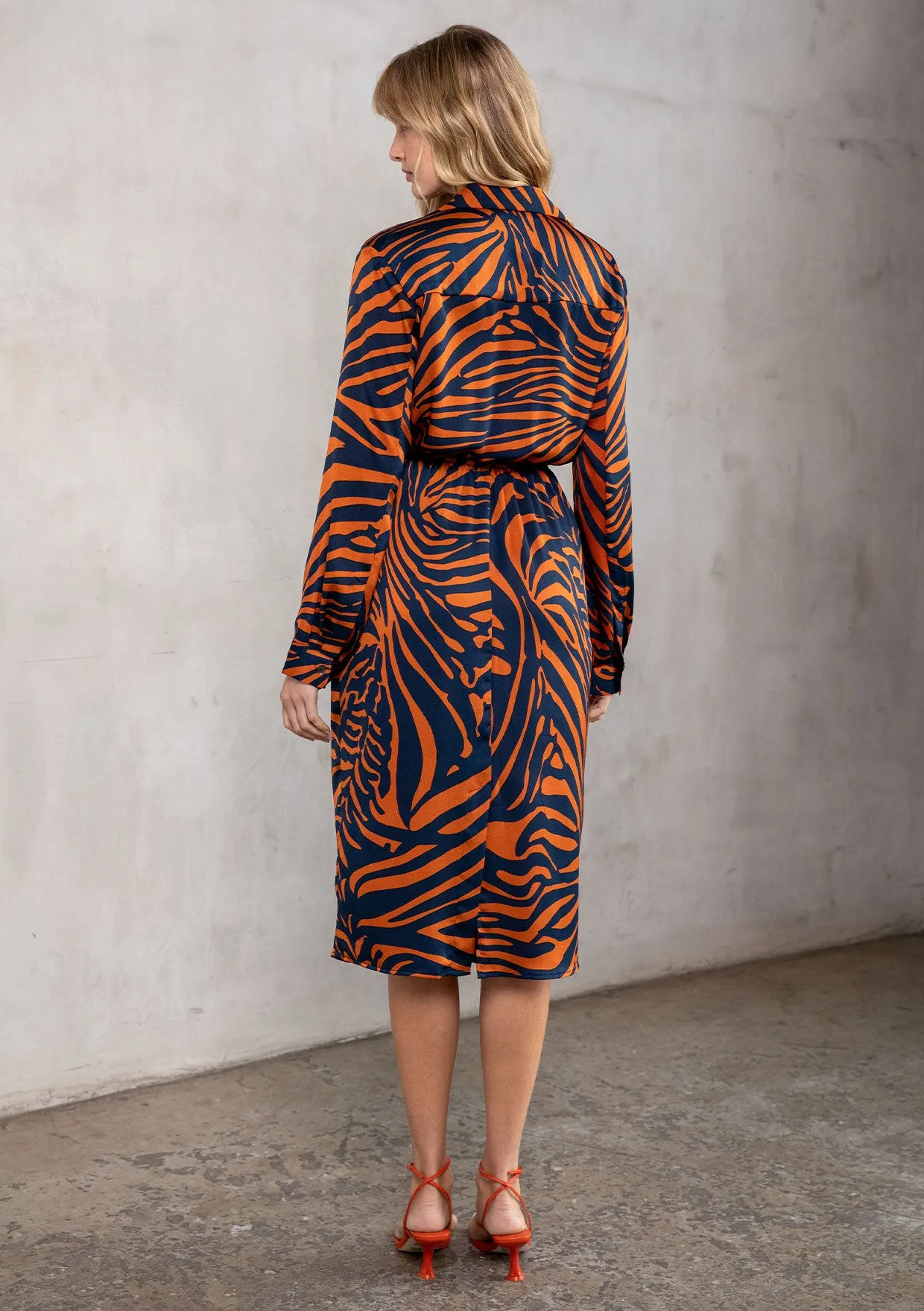 Zebra Print Collared Long Sleeve Midi Dress