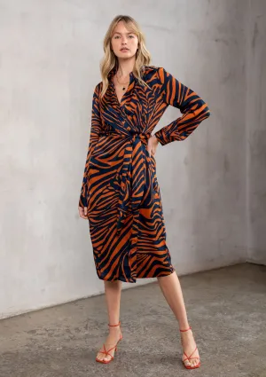 Zebra Print Collared Long Sleeve Midi Dress