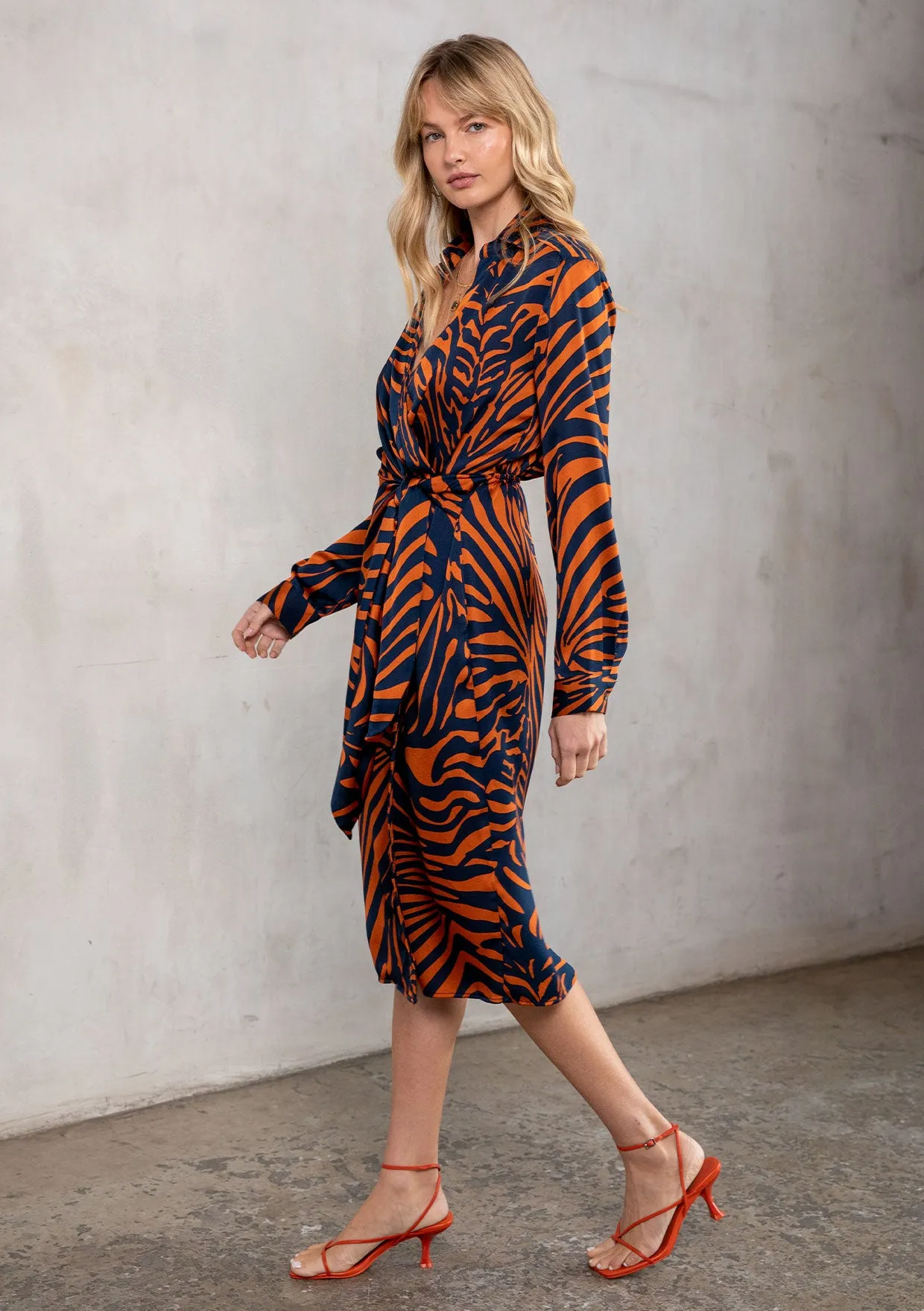 Zebra Print Collared Long Sleeve Midi Dress